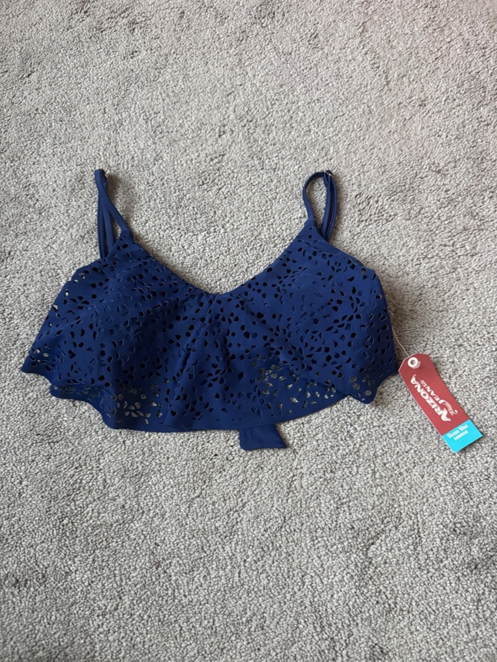 Arizona Navy Eyelet Bikini Top Tie Back Ruffle SIZE S NWT